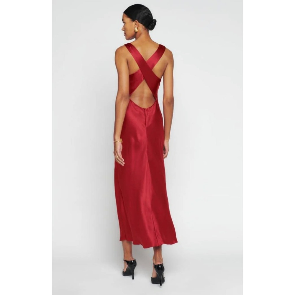 Reformation Casette Silk Dress 6 Red Open Back Cowl Neck Maxi Gown - Picture 2 of 10